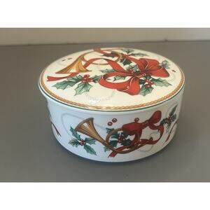 Mikasa Jubilation Trinket Candy Dish Christmas Holly French Horn Bow Korea VTG